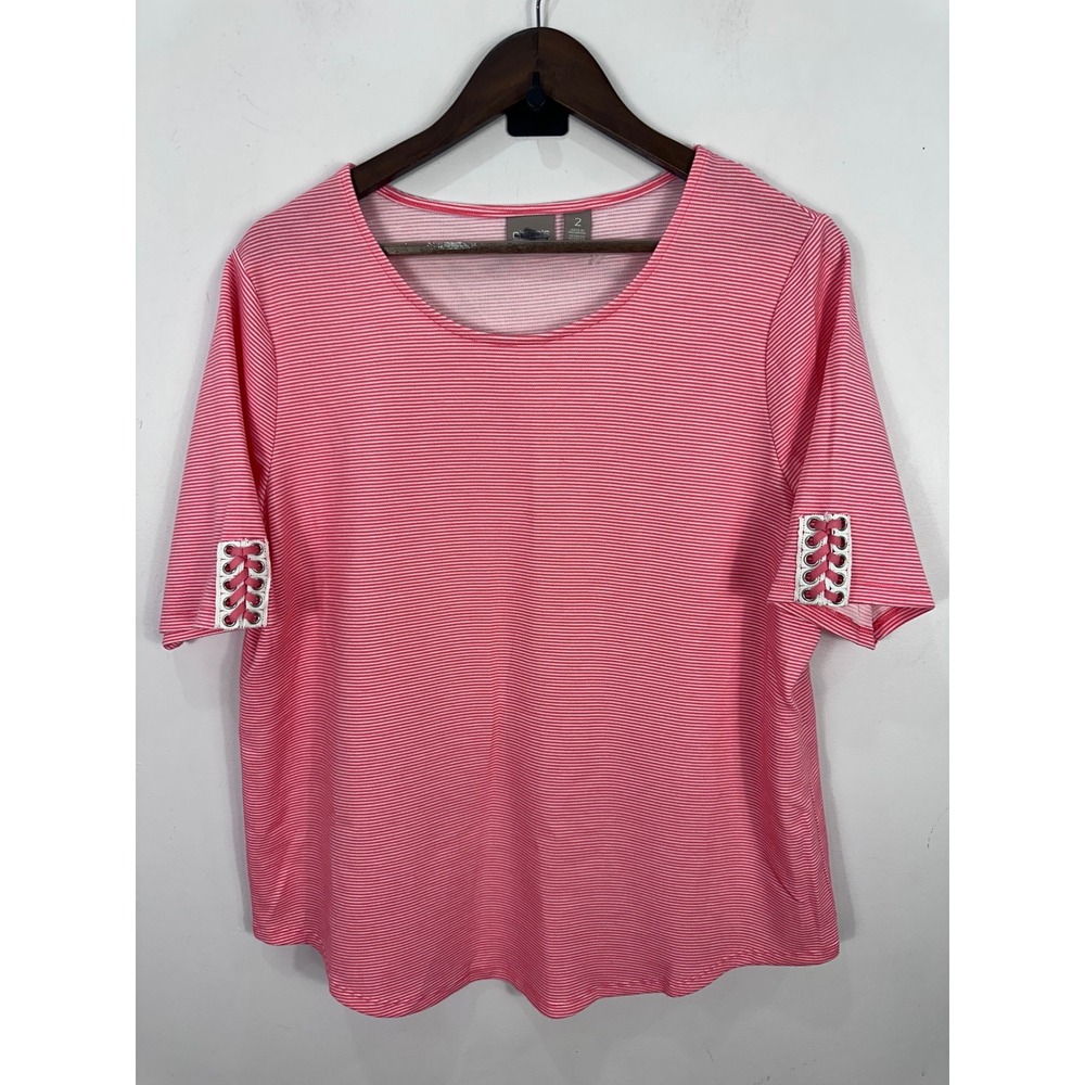 Chico's Striped Top Womens 2 Pink White Lace Up Sleeve Knit Crew Neck Preppy